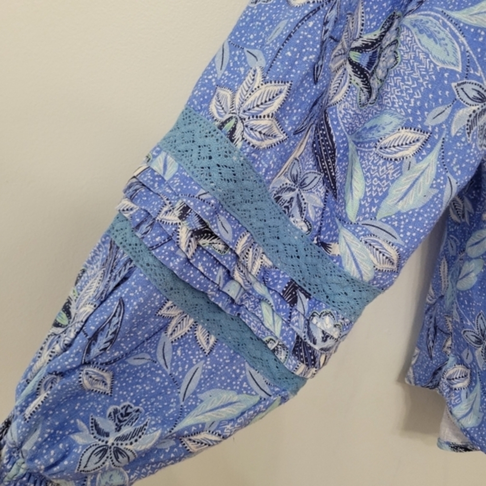 Hale Bob Women's Angelina Linen‎ Top Size M Periwinkle Blue Floral Euro Summer - Picture 12 of 13